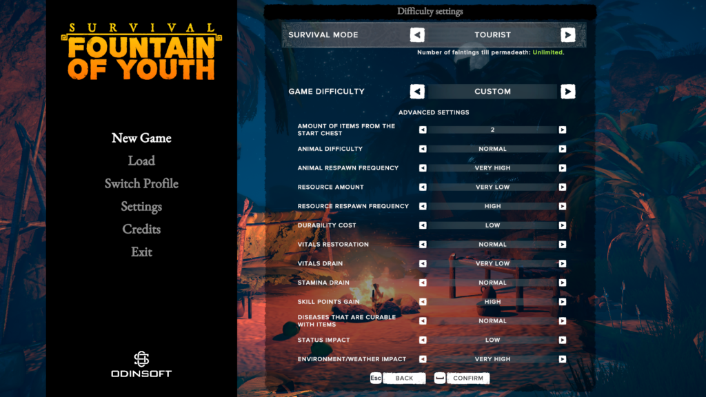 An image of the Custom difficulty settings in Survival: Fountain of Youth